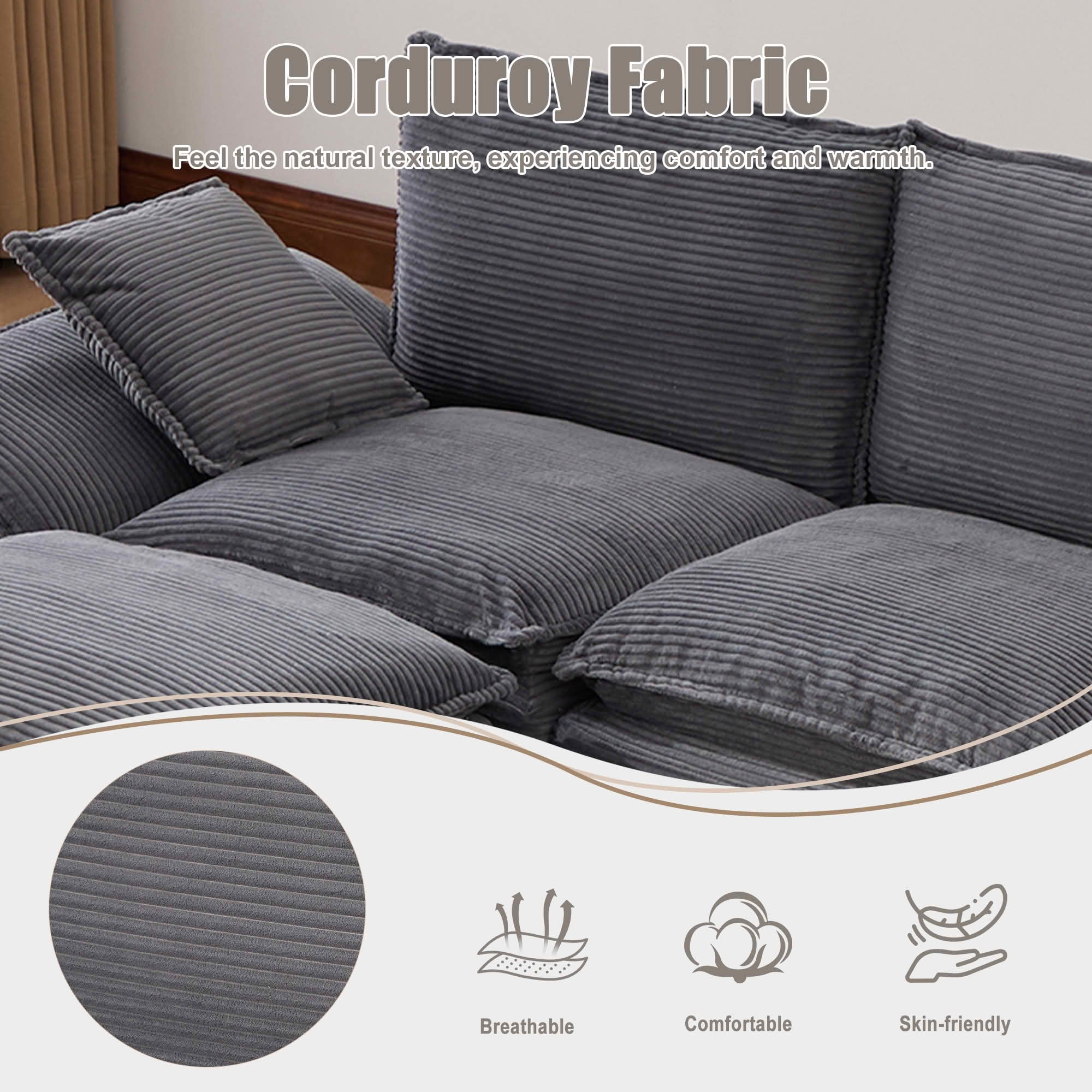 MAYEERTY Ottoman Footstool, Modular Cloud Sofa Footrest with Storage, Soft Corduroy, No Assembly, Dark Gray
