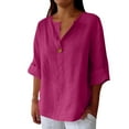thumbnail image 2 of Pink Womens Tops Linen Shirt for Women Summer Cotton and Linen V Neck 3/4 Sleeve Top Loose Holiday Beach Shirt Tunic Top Shirts for Women, 2 of 6