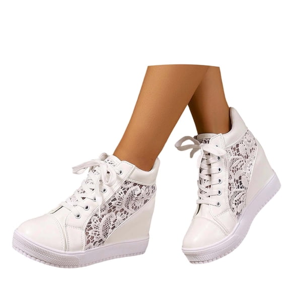 Platform Hidden Heels Sneakers for Women Lace Crochet Lace Up Chunky Bottom High Heels High Top Canvas Shoes Loafers