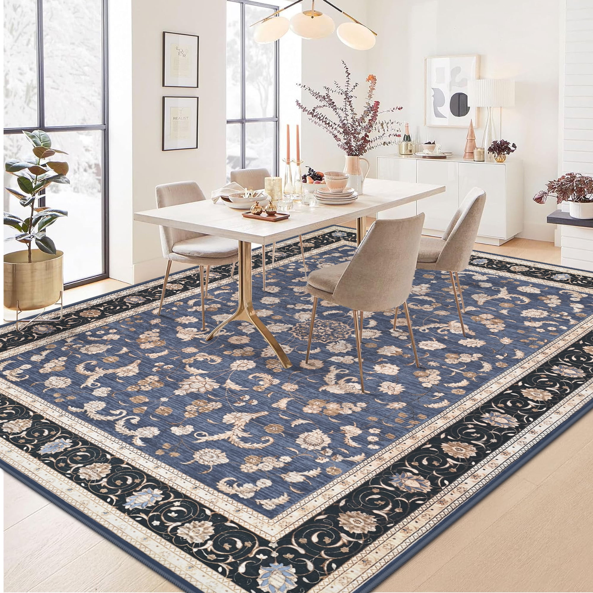 Astorug 5x8 Ft Blue Floral Area Rug - Machine Washable Low Pile Non-Slip Carpet, Boho Vintage Farmhouse Decor for Living Room, Bedroom, Nursery & Office