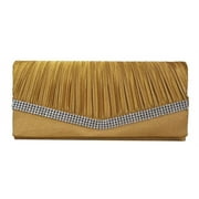 Chicastic Beige Gold Pleated Satin Wedding Evening Bridal Clutch Purse With Rhinestones