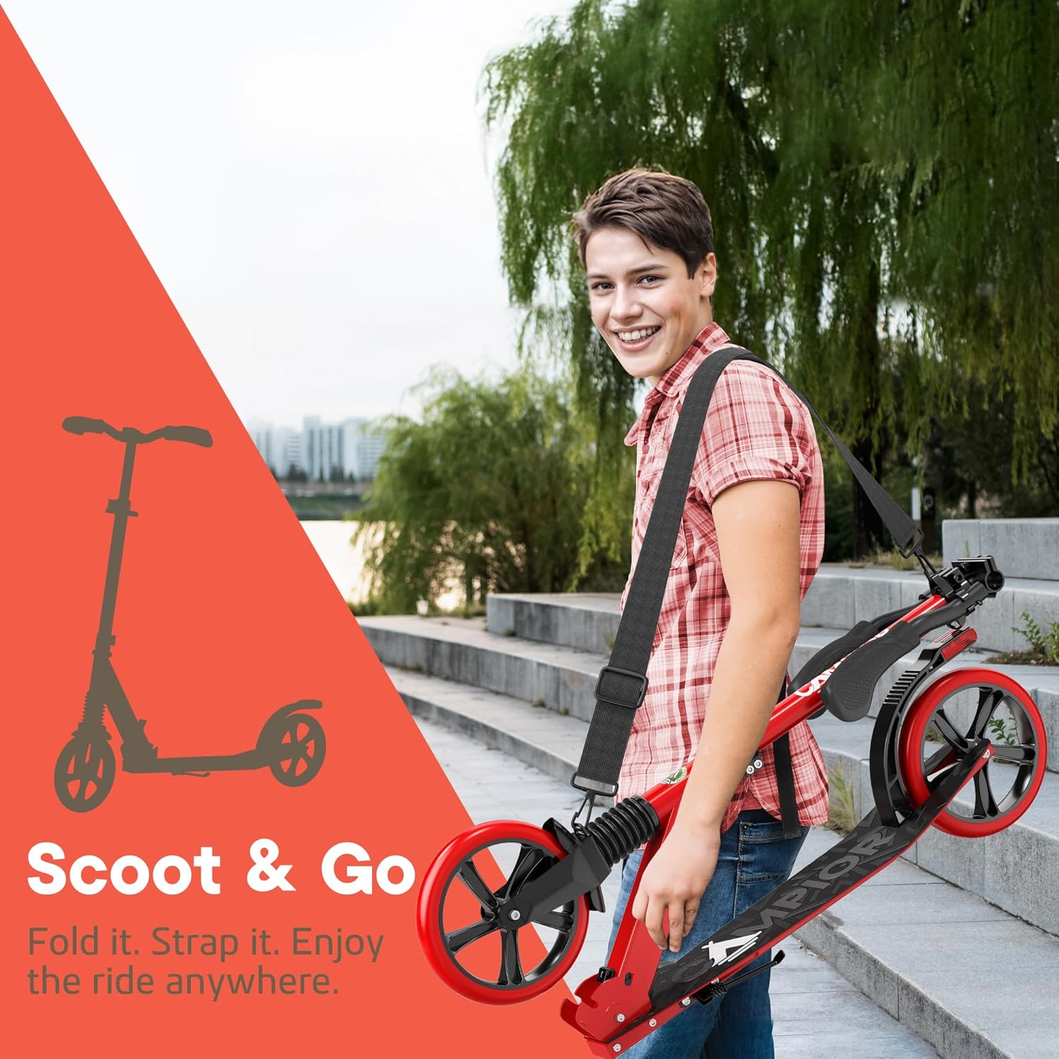 Campior Foldable Kick Scooter for Ages 6+, Kids/Teens/Adults, 240 lb Max Load, 8-inch Wheels, 3 Height Levels, Kickstand, Safety Approved, Red