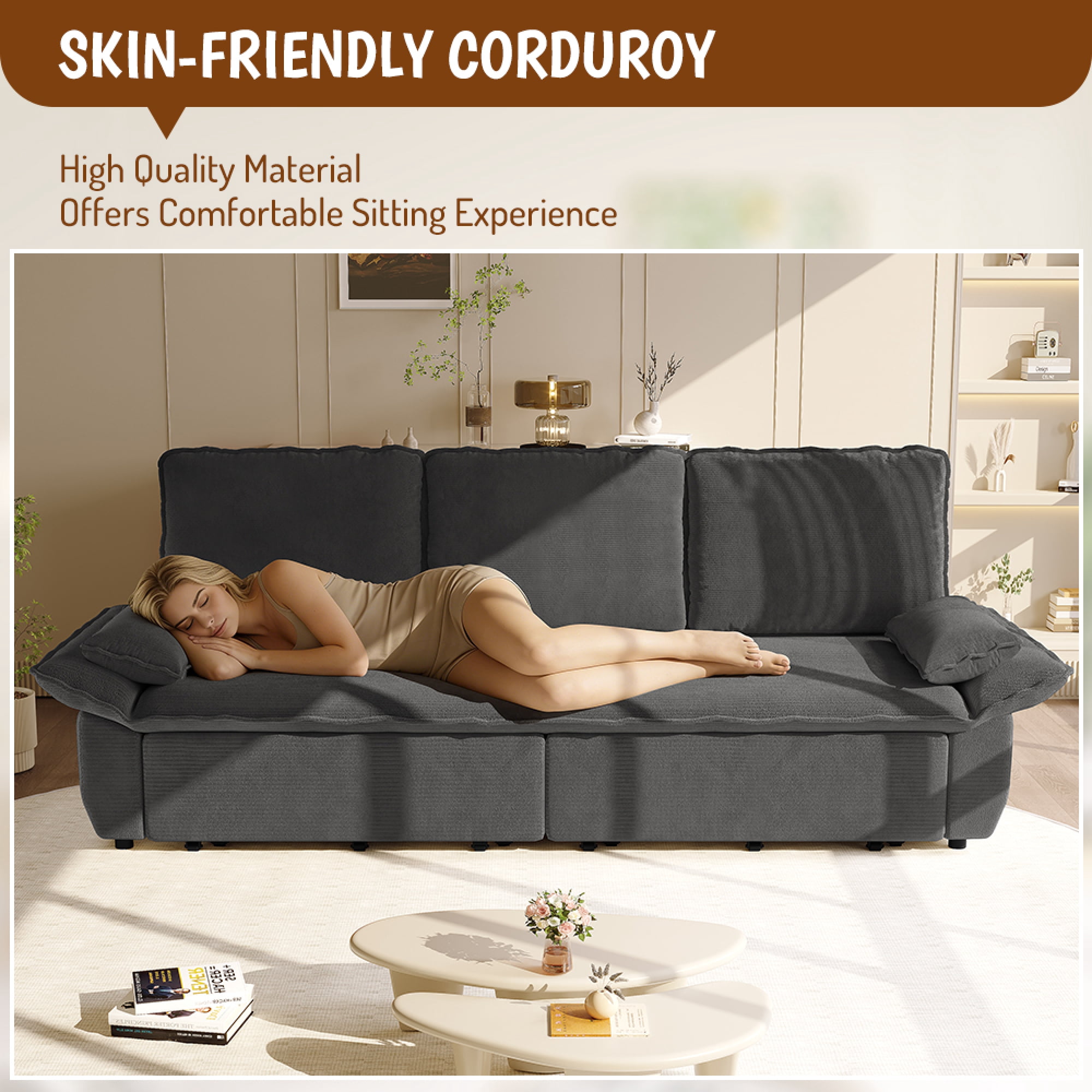 Leumius 94.5" Pull Out Sofa, King Size 3-in-1 Convertible Sleeper Sofa Bed, Multi-Functional Corduroy Bed for Living Room Bedroom Grey