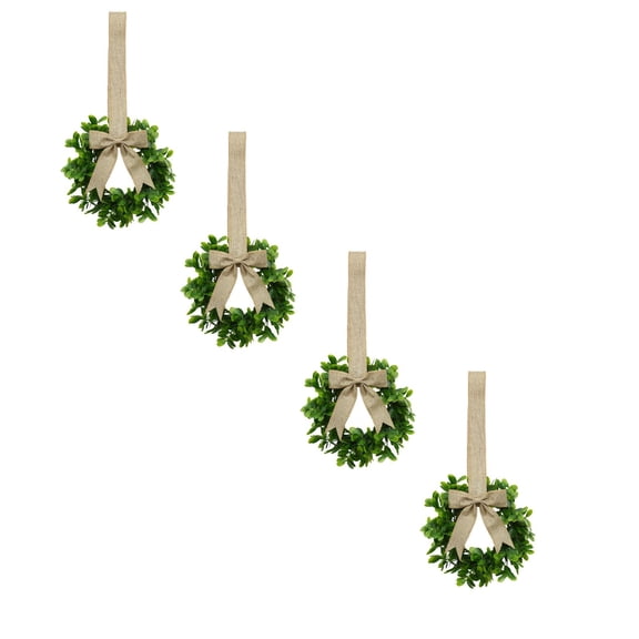 4Pcs 9.45 Inch Mini Boxwood Wreaths for Kitchen Cabinets, Artificial Eucalyptus Mini Christmas Wreath with Burlap Bow, Small Farmhouse Hanging Wreath for Cabinet Window Front Door Wall Holiday Decor