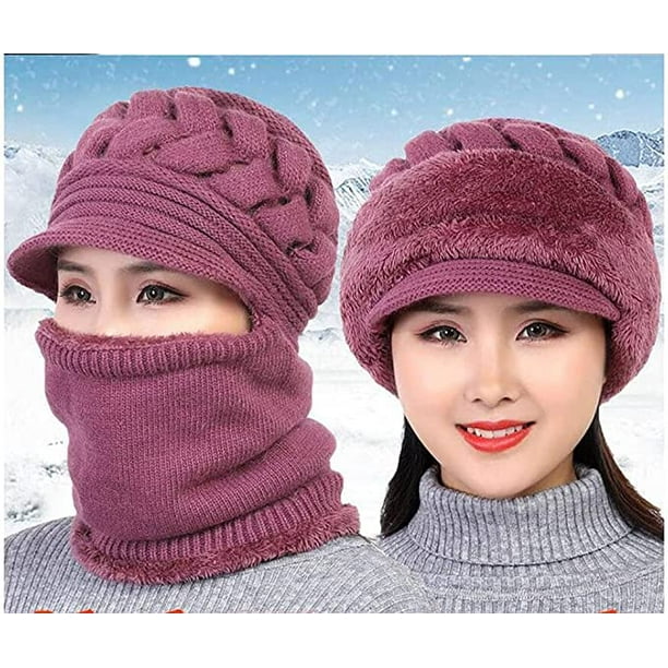 Yao Chapeau d'hiver pour femme, bonnet d'hiver écharpe Slouchy Snow Knit  Skull Cap pour filles, bonnet doublé polaire pour femme, bonnet anti-bruit  chaud, rose 