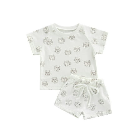 

Frobukio Kids Toddler Girls Boys Outfits Sun Smile Face Printed Short Sleeve Tops + Elastic Waist Tie-Up Shorts Set White 5-6 Years