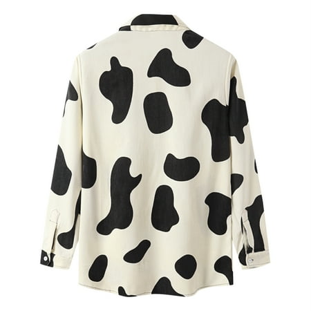 

vbnergoie Men s Casual Corduroy Cow Print Shirt Long Sleeve Turn-Down Collar Tops Men Shirt Collar Pajama