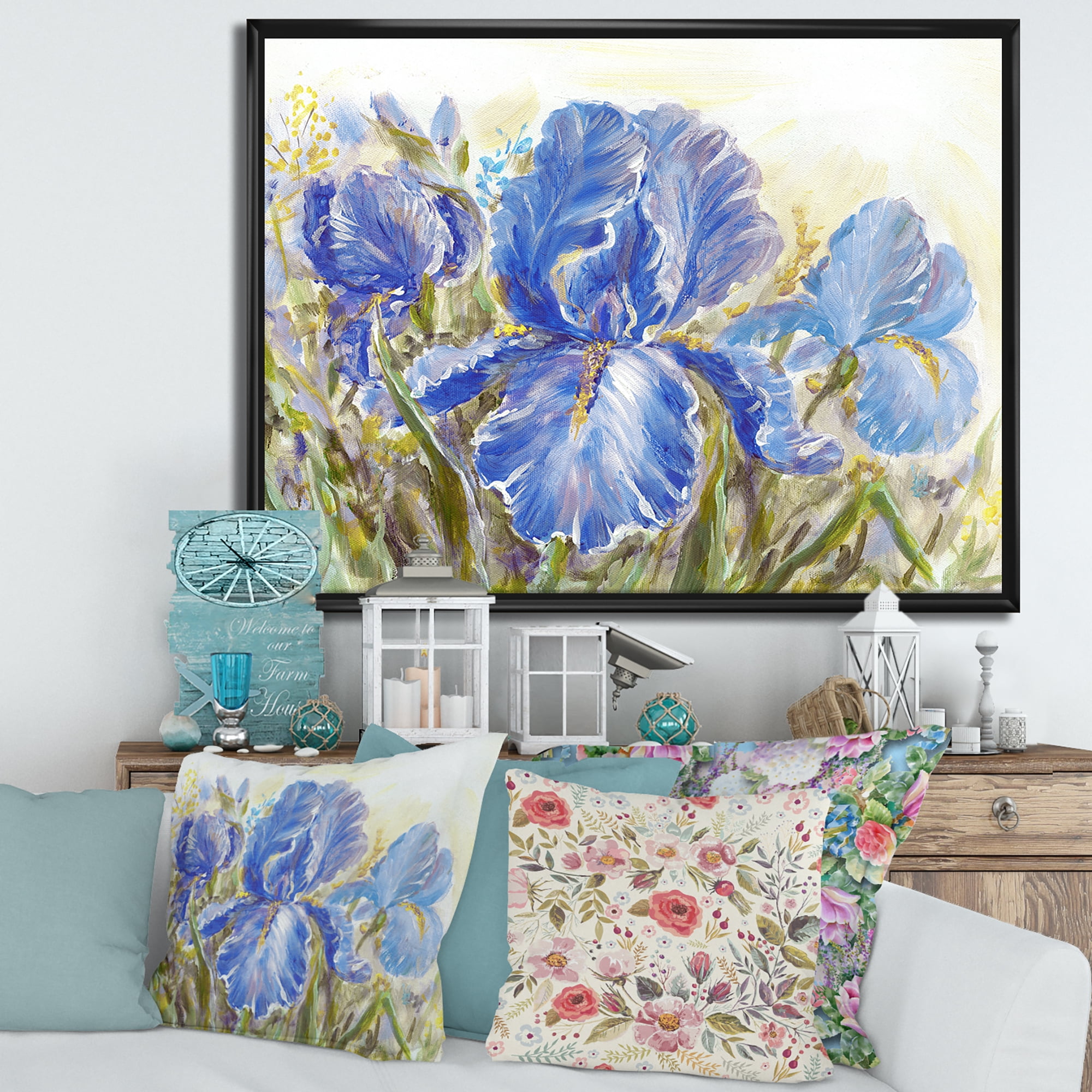 Blue Irises Blossoming Flowers 32" x 16" Framed Painting Canvas Art Print, by Designart