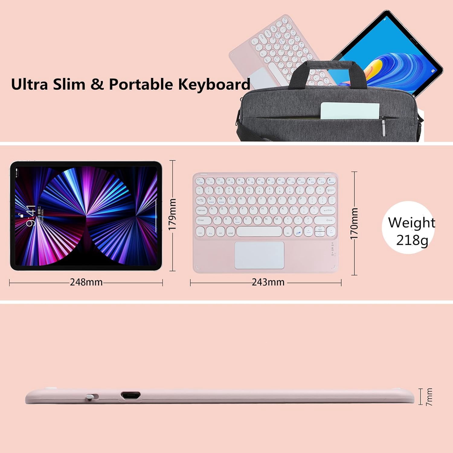 Portable Wireless Bluetooth Keyboard with Touchpad, Ultra-Thin Rechargeable Bluetooth Keyboard Mini with trackpad Round Key for iPad pro/iPad/iOS/Android (Pink)