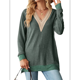 thumbnail image 2 of Blusas de Otoño para Mujer, con Escote en V, Encaje, Larga, Holgadas, con Ribete de Bloques de Color, Moda 2025 Verde S, 2 of 10