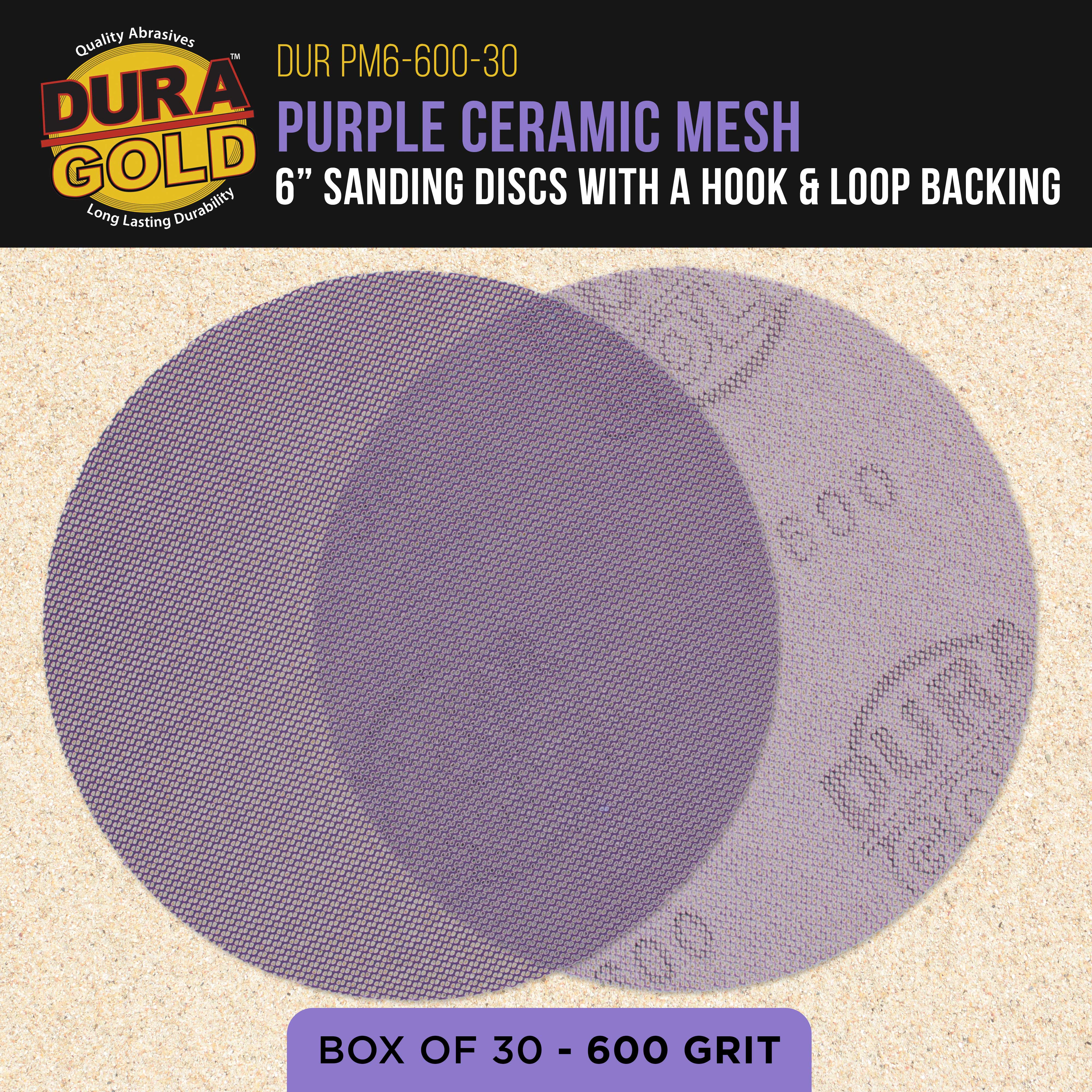 Dura-Gold Premium 600 Grit 6" Purple Ceramic Mesh Sanding Discs, Box of 30 - Dustless Hook & Loop Backing Sandpaper for DA & Random Orbital Sanders - Long-Lasting Fast Cut - Woodworking, Auto Paint