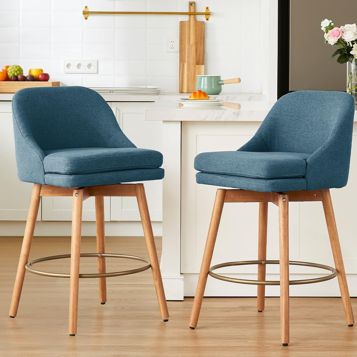 Swivel Counter Height Bar Stools Upholstered Kitchen Island Chair Set With Backrest Dining High Stool Seating Furniture For Home Pub Bistro Mid Century Modern Style