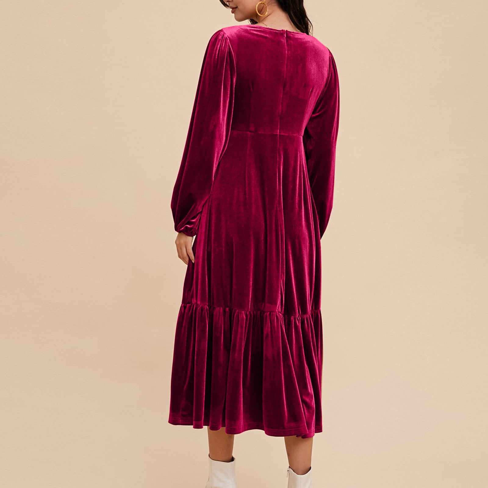OSFVNOXV Maxi Dresses for Women Fall High Waist Lantern Sleeve Velvet Dress V-Neck Bodycon Tiered Flowy Long Cocktail Wedding Dating Dress