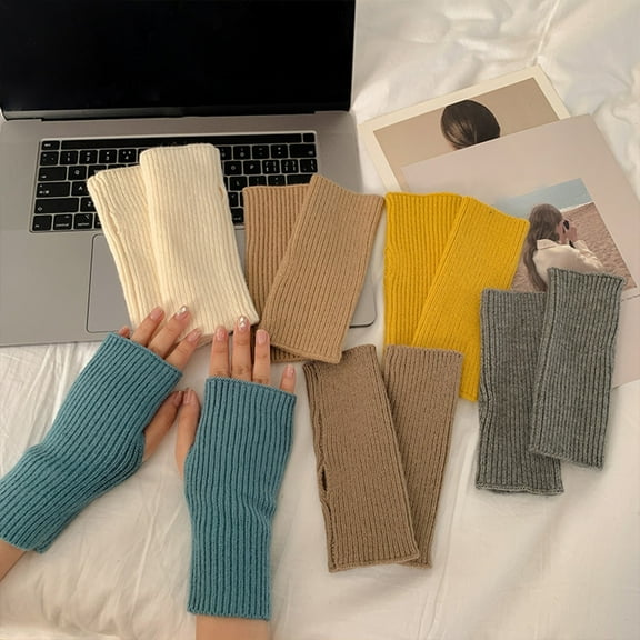 D-GROEE 1 Pair Fingerless Gloves for Women Thumb Hole Half Finger Gloves Winter Stretchy Woolen Yarn Knit Fingerless Mittens