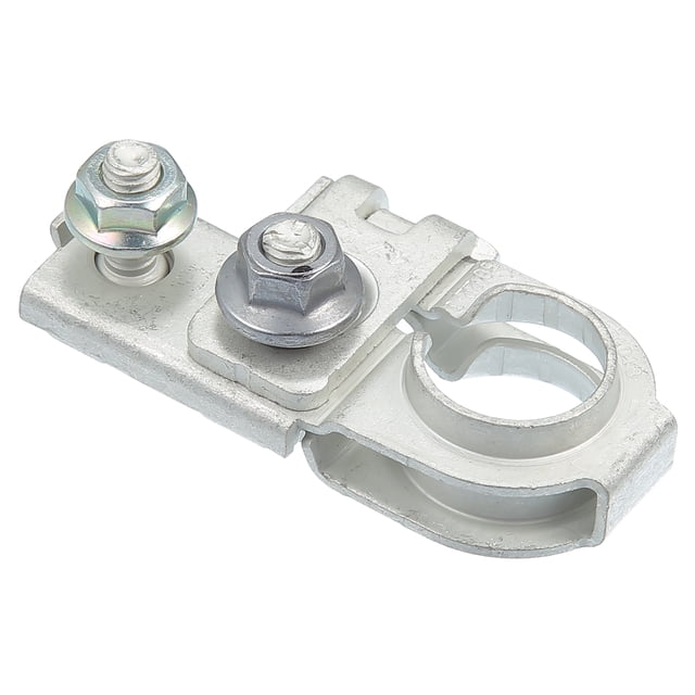 terminal de batería positiva para coche, terminal de cable de batería, extremo no.919803x010 para hyundai accent 2015-2020 soporte metálico plateado en primer plano con abrazadera circular para poste de batería, dos tornillos hexagonales con tuercas, orificio de montaje y superficie texturizada; accesorio no OEM, montaje para Hyundai Accent 2015-2020.
