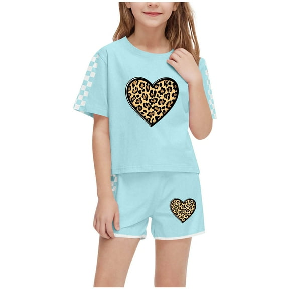 VONCOS Fashionable 5 - 6 Years Old Kids' Casual Short Sleeve Crew Neck Printed T - Shirt and Short Pants Two - Piece Set with Checkered and Animal Print Patterns,Green,Size 10 T