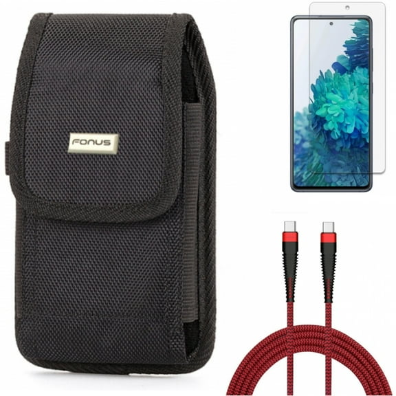 10ft PD Cable & Screen Protector & Case Belt Clip for Samsung Galaxy S20 Fan Edition - Type-C to USB-C Charger Cord   Anti-Glare Tempered Glass   Swivel Holster Combo