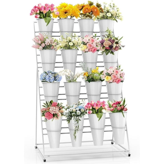Heavy-Duty Flower Display Stand 16-Bucket Metal Flower Stand - 4-Tier Rolling Plant Cart for Indoor, Outdoor, Patio, Garden, Living Room, Florist - White