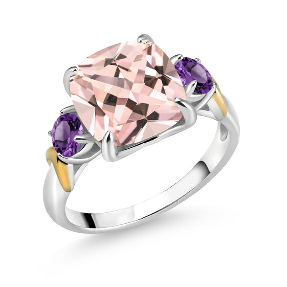 Gem Stone King 925 Silver and 10K Yellow Gold Peach Nano Morganite and Purple Amethyst 3 Stone Ring for Women (4.82 Cttw, Gemstone October Birthstone, Cushion 10MM, Round 4MM, Size 9)