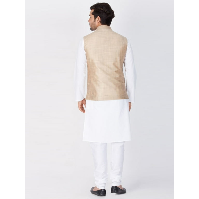 ELINA FASHION Men s Indian Silk Blend Kurta Pajama And Nehru Jacket Waistcoat Wedding Traditional Diwali Dress Set White Medium 38