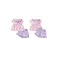 thumbnail image 2 of BemeyourBBs Toddler Baby Baby Girl Summer Clothes Infant Baby Girl 2 Pieces Outfit Bow Embroidered Striped Ruffled Trim Doll Collar Short Sleeve Shirt Tops and Shorts Set, 2 of 9