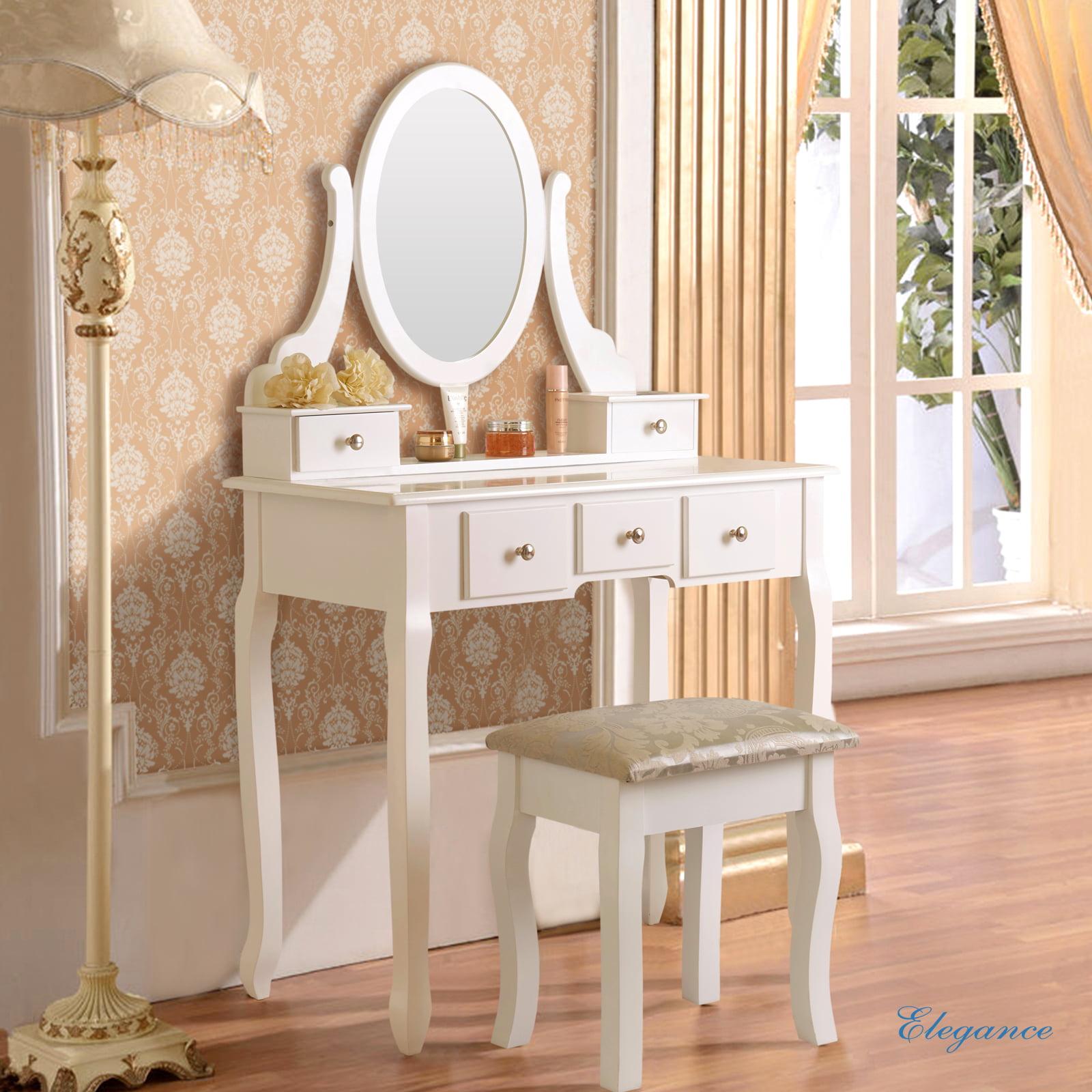 Uenjoy White Vanity Makeup Dressing Table Set w/Stool 5 Drawer&Mirror
