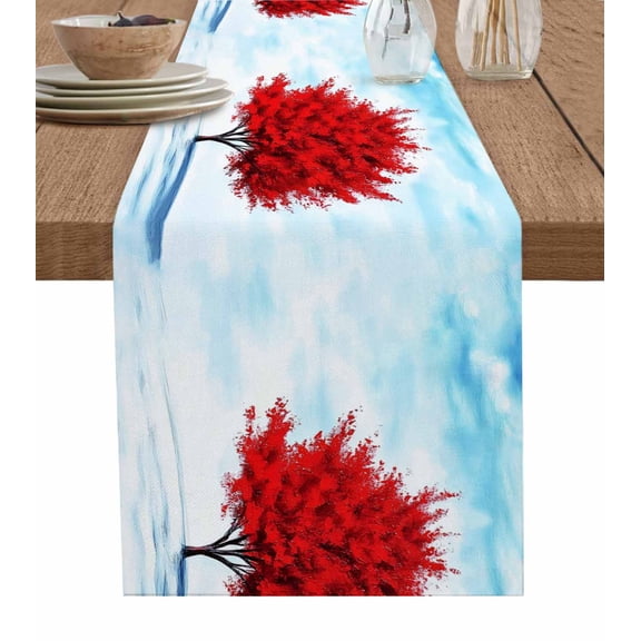 ERUNPONLY Red Tree Table Runner - 70 Inch Long Blue Sky Landscape Retro Watercolor Cotton and Linen Blended Dress Scarves Farmhouse Table Runner for Kitchen Dining, Coffee Table, 13" x 70"