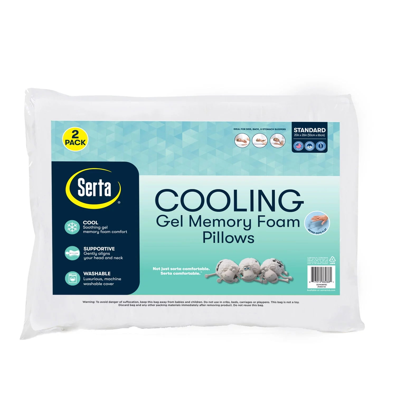 2 Pack Memory Foam Bed Pillows Serta Cooling Gel  **FREE SHIPPING** 
