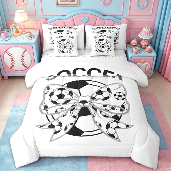 Erosebridal Cartoon Soccer Print Bows 7-Piece Twin Bedding Sets For Girls,Football Theme Kids Bedding Comforter Set,Reversible
