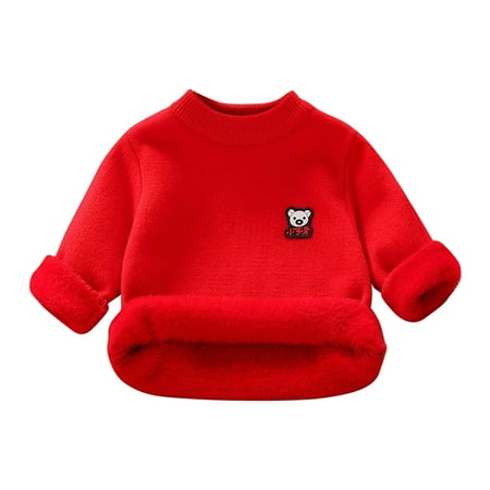

Odeerbi Sweater for Kids Autumn Winter Boys Girls Round Neck Pullover Plush Thickened Sweater Red