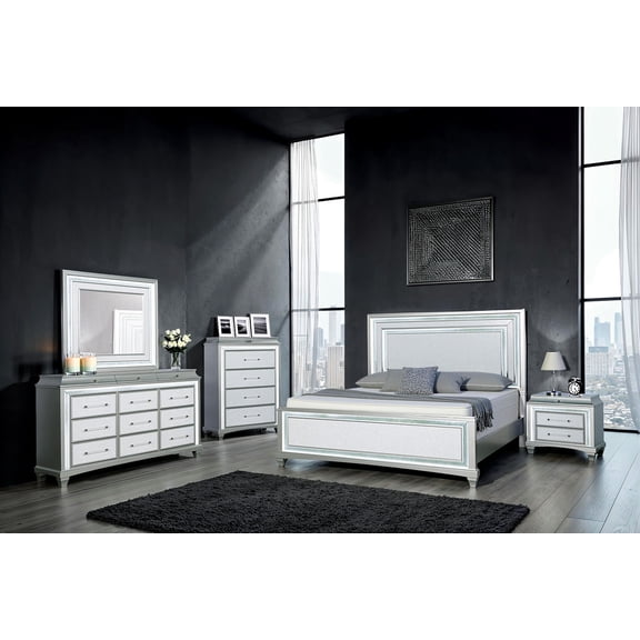 Glam Style Queen Size Bed Dresser Mirror 2x Nightstands Chest 6pc Bedroom Set Poplar Wood Gray Color Layered frame Beveled HB w LED Furniture