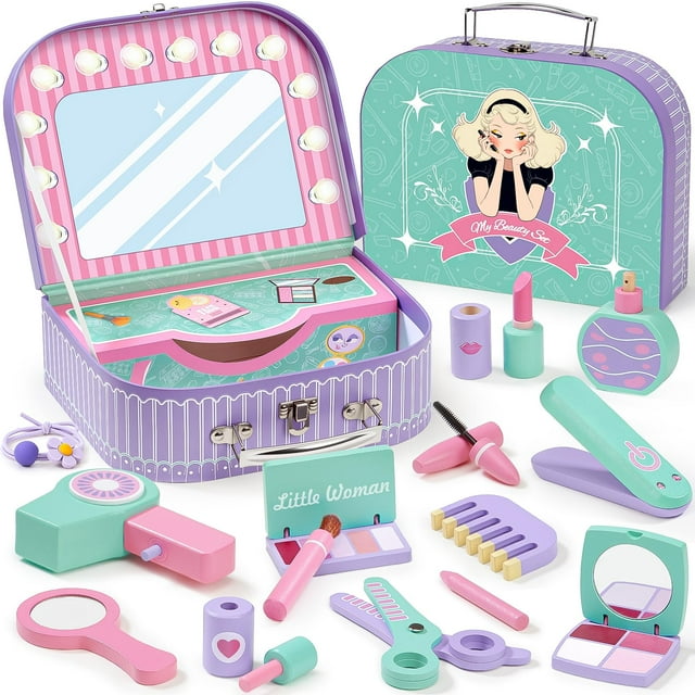 Set de maquillaje Toyssa Wooden Pretend para niños de 3 a 5 años con almacenamiento