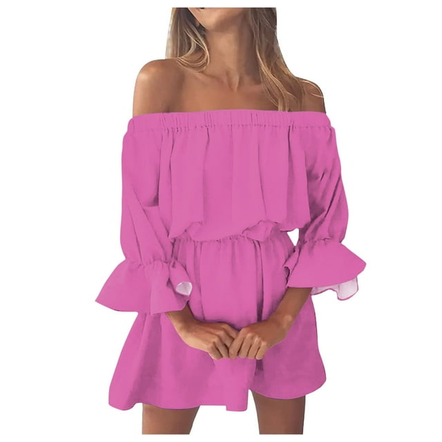 Mini vestido vintage con estampado, hombros descubiertos y mangas acampanadas para mujer: vestido informal y holgado de verano para la playa con diseño floral, tejido de poliéster