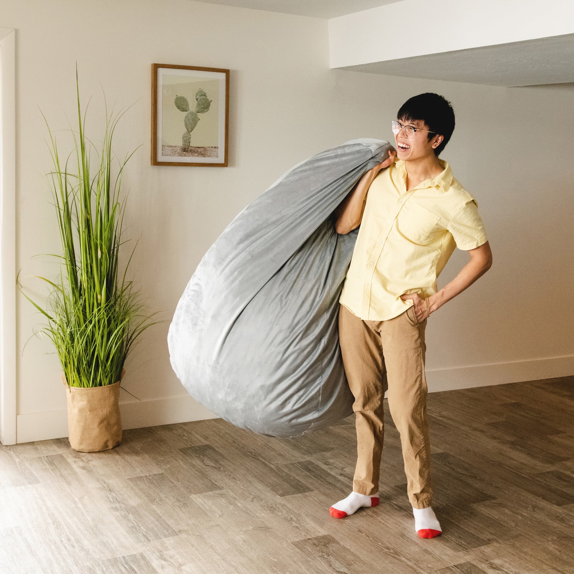 Big Joe Lotus Foam Filled Teardrop Bean Bag Chair with Removable Cover, Gray Plush, Soft Polyester, 4 feet Big