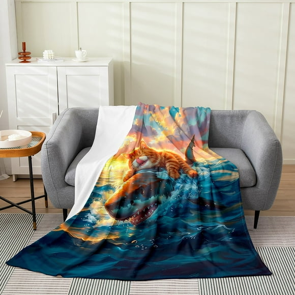 Erosebridal Funny Cat Riding Shark Throw Blanket for Couch 30x40, Sea Animal Wildlife Plush Blanket, Ocean Bedroom Decor