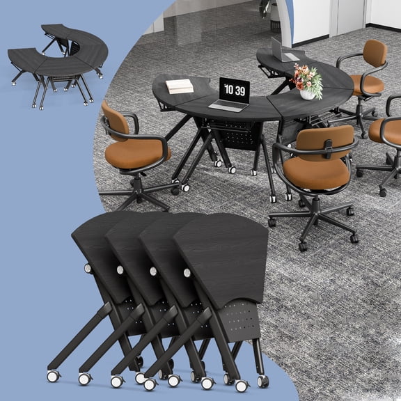 6FT Round Conference Table, 4PCS 35.4in Folding Conference Room Tables for 6-8 People, Modular Fan Shaped Training Table with Wheels, Mobile Nesting Seminar Meeting Table for Office(Black,4)