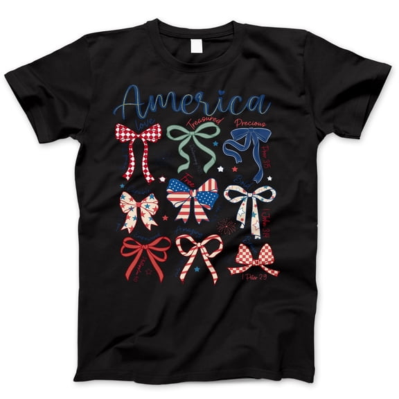 America Christian Bows T-Shirt – Patriotic Faith-Based Tee with Bible Verses & USA Colors – 4th of July Shirt for Women, Girls, Christian Moms & Faith Apparel Lovers