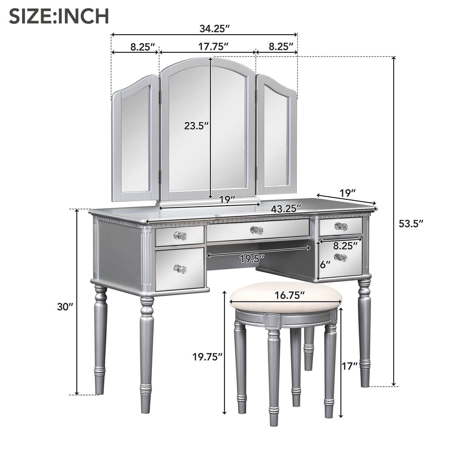 Resenkos 43" Dressing Table Set with Mirrored Drawers and Stool, Tri-fold Mirror, Makeup Vanity Set for Bedroom, Silver Resenkos 43" Dressing Table Set with Mirrored Drawers and Stool, Tri-fold Mirror, Makeup Vanity Set for Bedroom, Silver