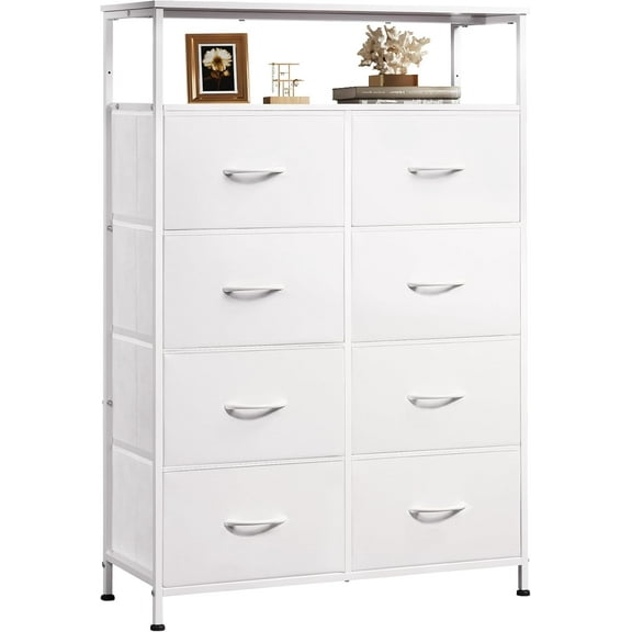JessieMal Fabric Dresser for Bedroom with Open Shelves, Tall White Dressers with 8 Drawers, Storage Tower with Fabric Bins, Chest of Drawers for Closet, Hallway