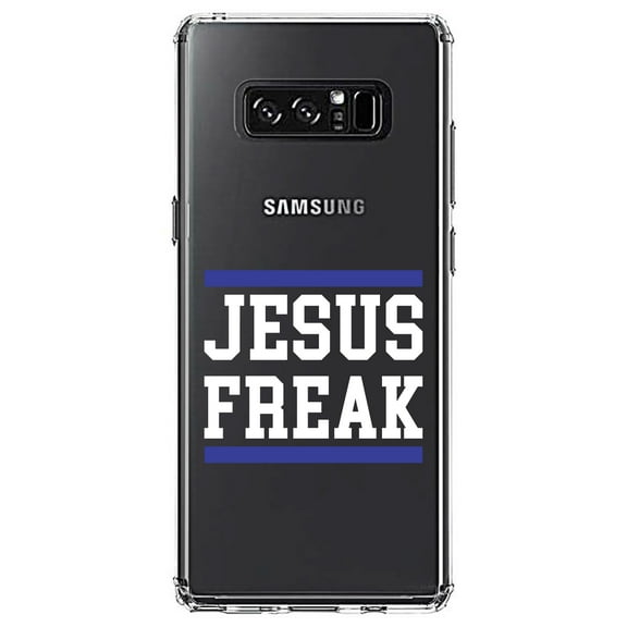 DistinctInk Clear Shockproof Hybrid Case for Samsung Galaxy Note 8 - TPU Bumper Acrylic Back Tempered Glass Screen Protector - Jesus Freak White Blue