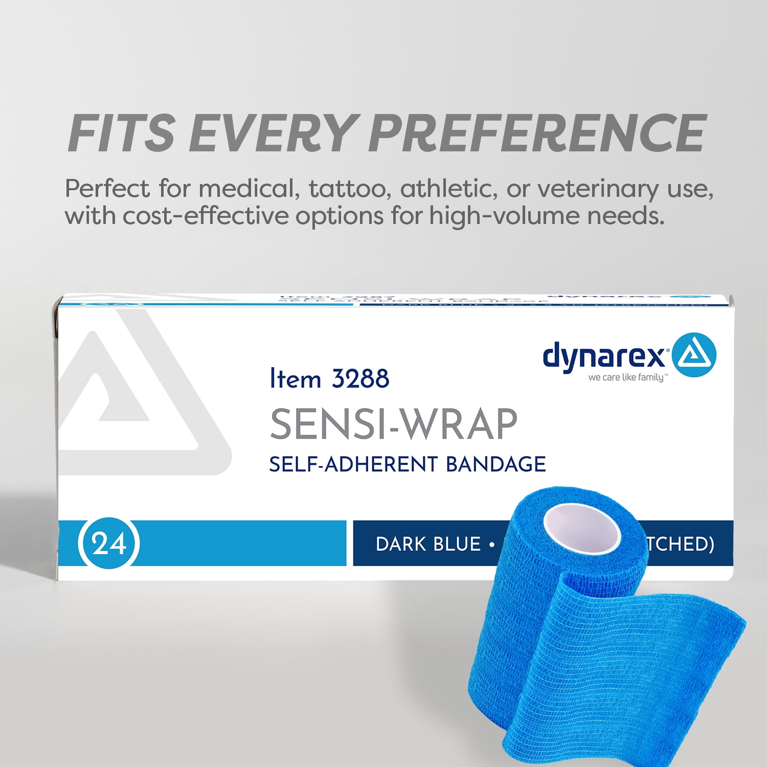 Dynarex Sensi-Wrap Self-Adhesive Bandages, 24-Pack, 3" x 5 yards, Dark Blue, Latex, Colored Elastic Cohesive Athletic Tape, Tattoo Grip & Vet Wrap