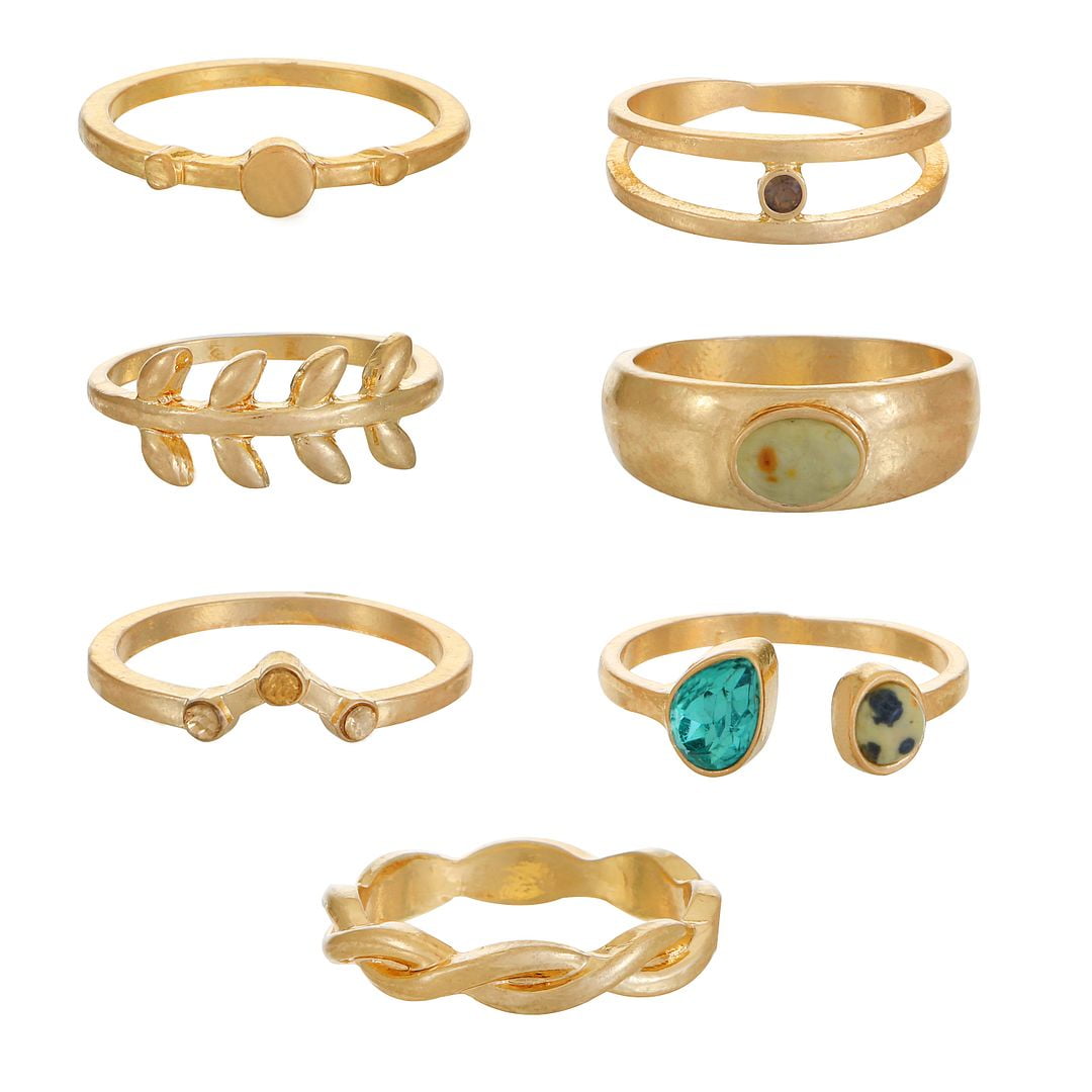 Time and Tru Worn Gold Ring Set with Semi Precious Stones, 7 Pieces