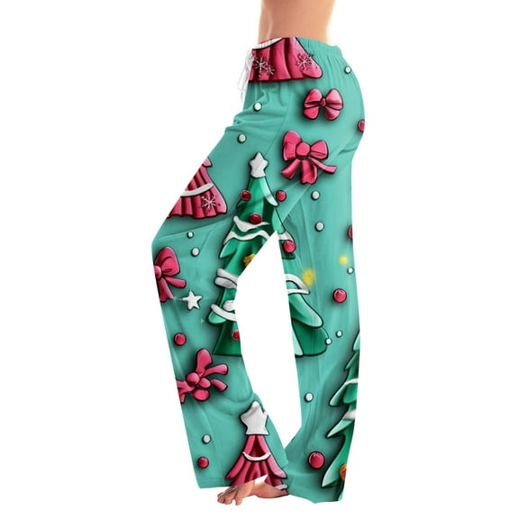 Women's Fashion Loose Christmas Print Casual Pants with Drawstring Elastic Waist, Comfortable Sleepwear and Loungewear Trousers for Home,Turquoise,XL