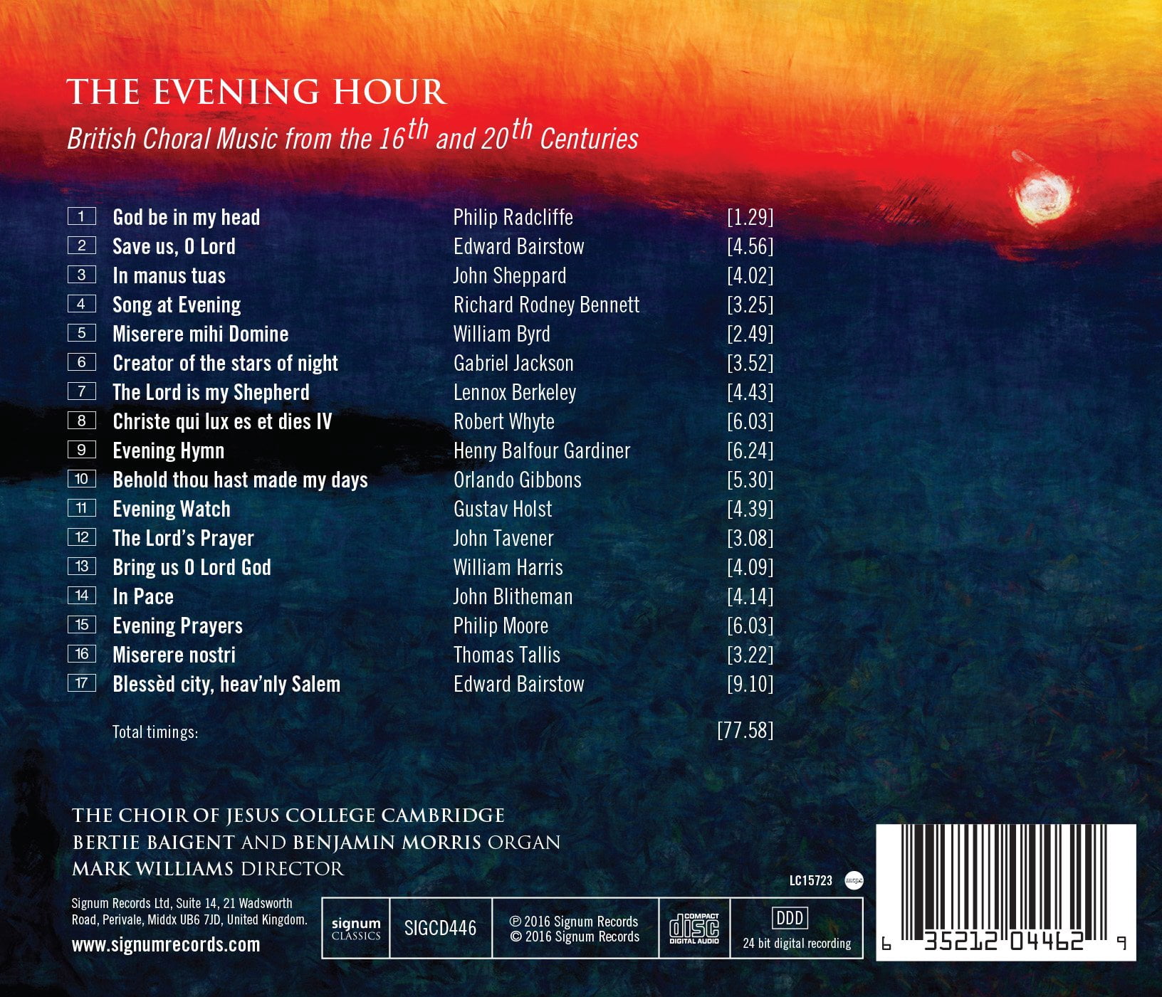 Radcliffe,Philip / Williams,Mark / Morris,Benjamin - Evening Hour British Choral Music from the 16th & 20th Centuries - Music & Performance - CD