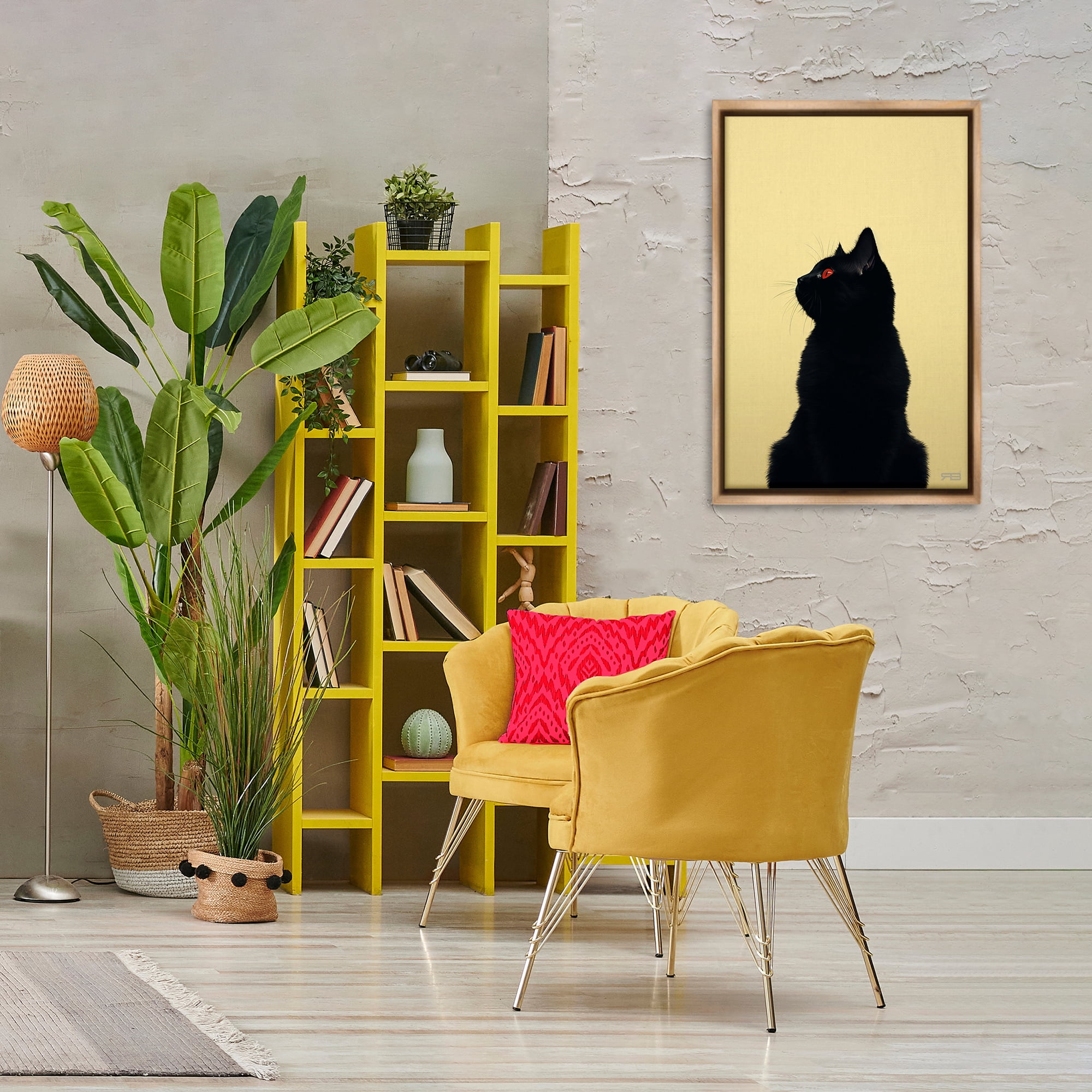 Stupell Industries Black Cat on Yellow Animals & Insects Painting Brown Floater Framed Canvas Art Print Wall Art, 21 x 31