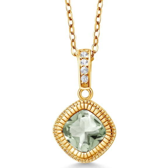 Gem Stone King 1.45 Ct Cushion Green Prasiolite 18K Yellow Gold Plated Silver Pendant with Chain