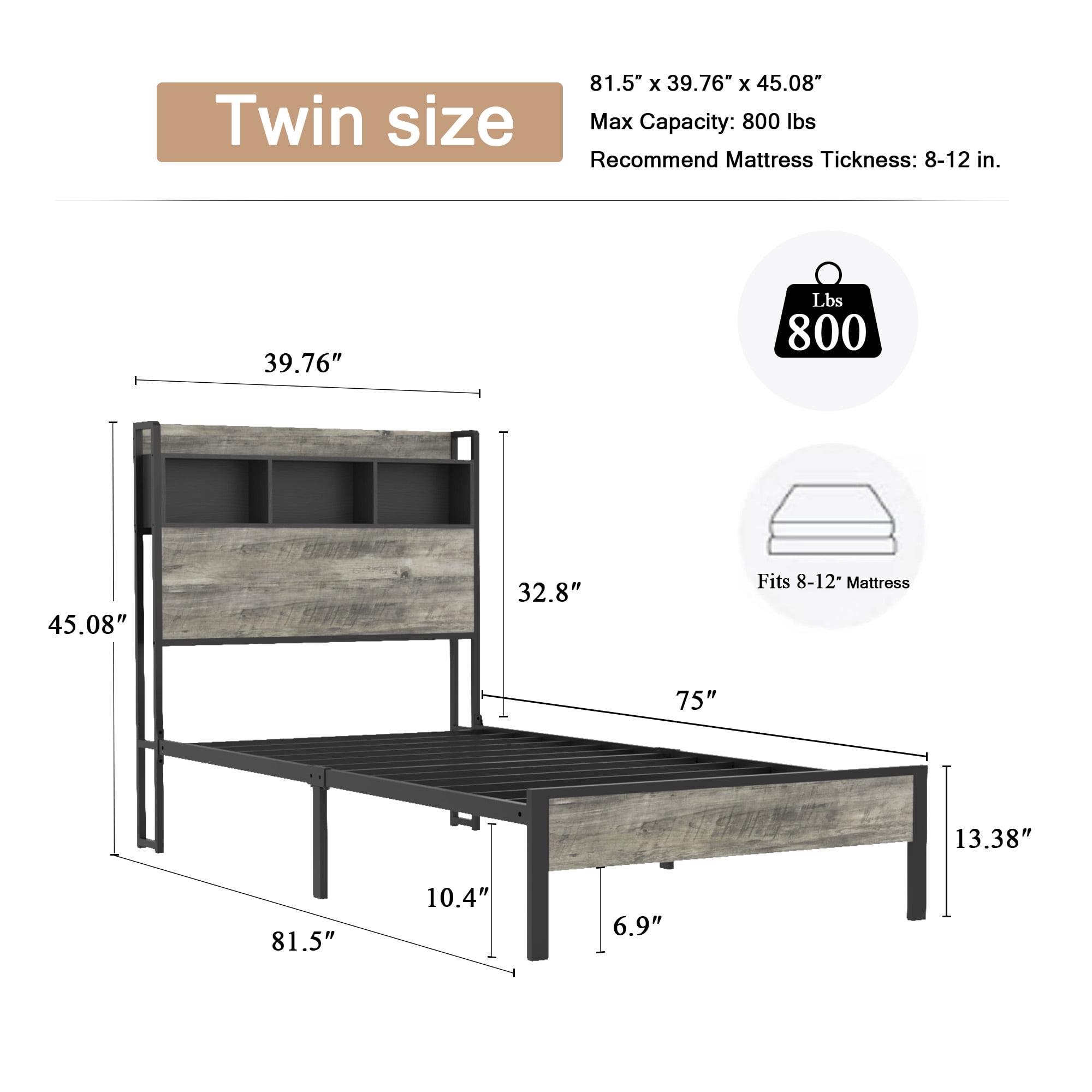 Yoneston Twin Size Bed Frame with Wood Storage Headboard Shelves and Center Charging Station for Kids Boys Girls, Antique Gray