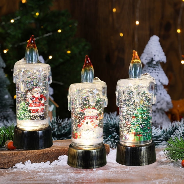Fiudx Vela Navideña con Purpurina, Iluminación Led Suave, Lámpara de Escritorio Navideña, Diseño de Árbol de Navidad, Papá Noel y Muñeco de Nieve, Segura, Ideal para Uso Doméstico o Comercial, 13 X 5