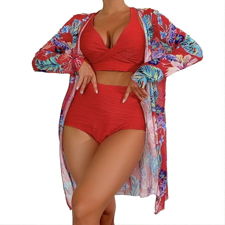 XUELUO Womens Bikinis Solid Color Sexy Spaghetti Strap Push Up Bra And High Waist Panty Set Long Sleeve Cover Up Three Pieces Tankinis Swimwears Bathing Suits