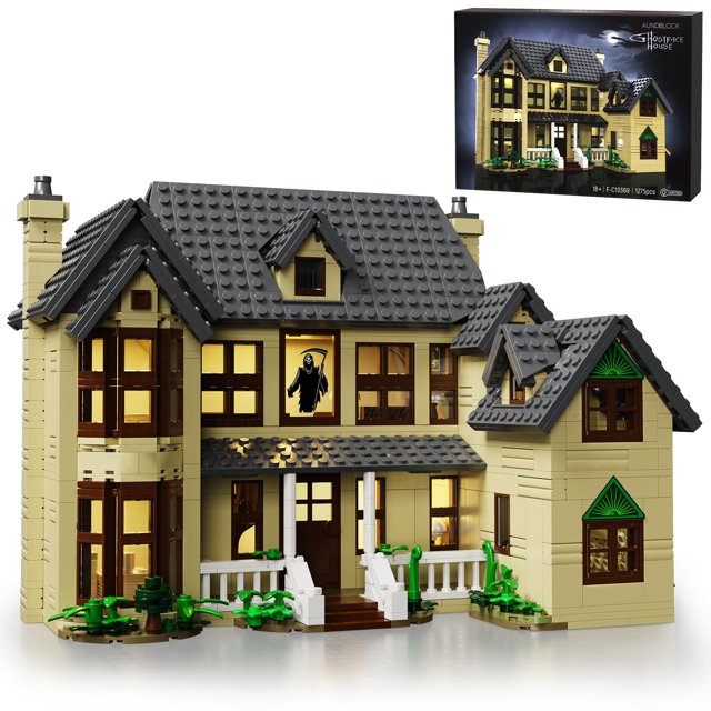 Horror House Building Block Set by AOXEKBOLO, a beige haunted house model inspired by famous horror movies, featuring detailed rooms like a garage, bedroom, bathroom, living room, and kitchen. The set includes 1275 pieces, measures 10 x 8 x 7 inches, and comes with LED lighting (batteries not included) and a USB port for power. Packaged in a decorative box with paper instructions, it is compatible with Lego and ideal as a Halloween decoration or gift for horror movie fans.